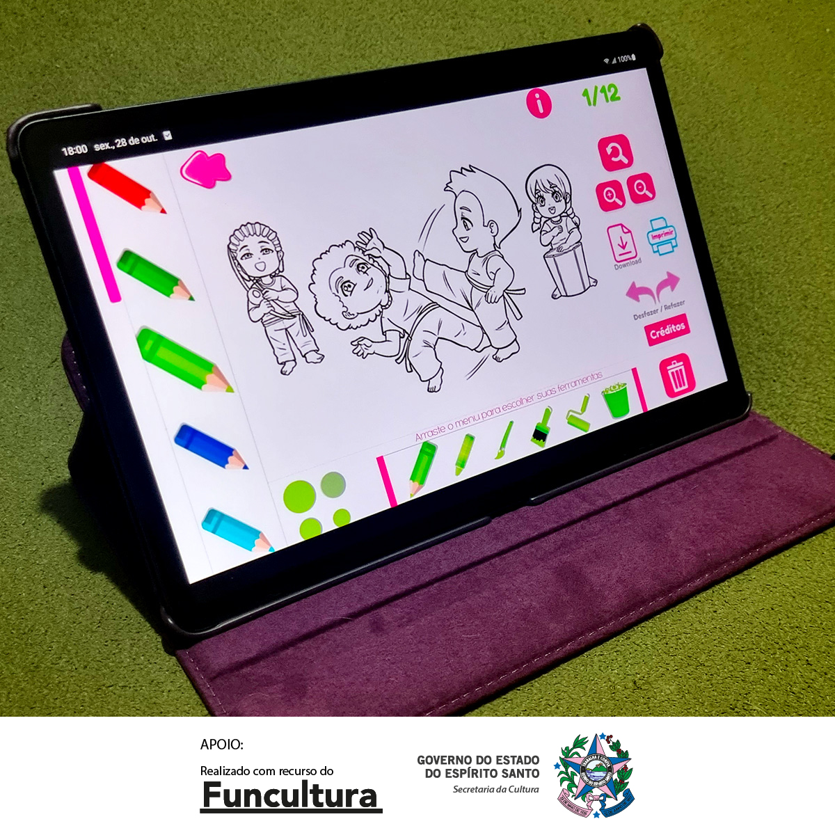 Tablet mostrando uma imagem do jogo de colorir FolclorES com crianças jogando capoeira
